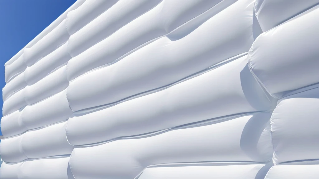 A wall composed of inflatable blocks,Realistic of a inflatable installation in the shape, white inflatable plastic film material, wrapped in a white polyester sheet. close-up,Front view,minimalist, most best quality,32K Ultra HD, super detail, best quality, highres, high details,Top view