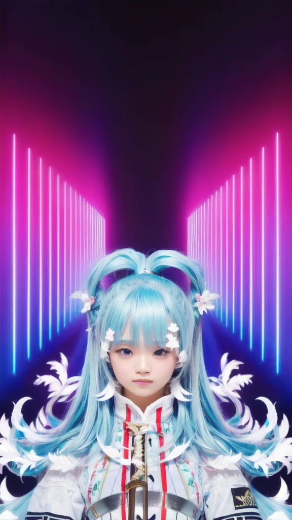 create realistic image from a close up of a 
Indonesia girl with long hair and a sword, pink twintail hair and cyan eyes, very realistic and very detailed,