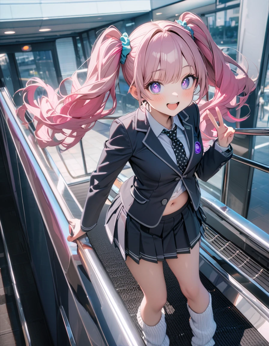 (8K, best quality, master piece: 1.2), super high resolution,1 girl,,solo,1ultra-detailed face,detailed eyes,sparkling pupils,Mascara,Bubblegum Pink hair,natural wave hair,twintails,amethyst Eyes,(scrunchie,blazer,Short pleated skirt),(gray:1.5),navel,polka-dot pattern Ribbon tie,happy,medium breasts,((loose socks)),(making a peace sign),リムライト,standing on a down escalator,Look at Viewer