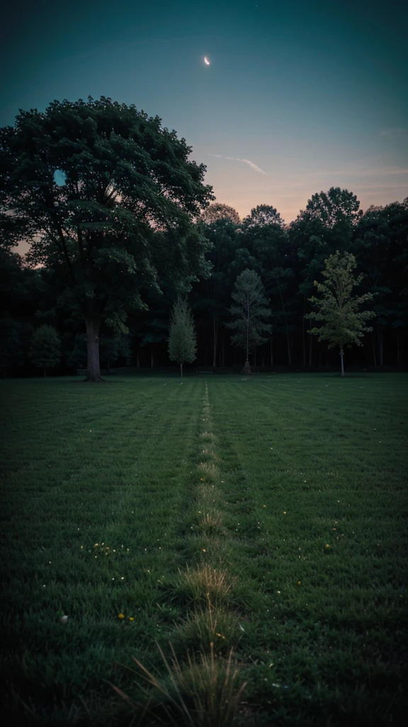 night photo without people in a field with trees and grass