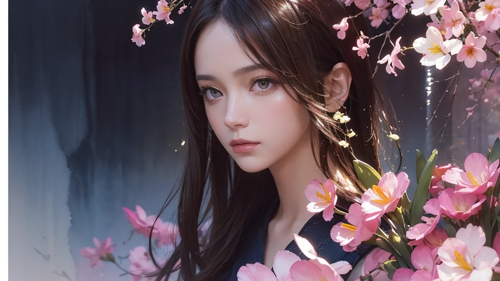 32k, Masterpiece, Highest quality, One girl, Brown Hair, Detailed eyes, flower,Freesia, Pink and navy style,A dreamy, romantic piece,Pale yellow, Mysterious Leaves,A playful arrangement,Fantasy,High Contrast,Ink strokes,explosion,Exposure, Impression of pink and navy tones,Abstract,((Watercolours by John Berkey and Jeremy Mann )) Brush strokes,Negative Space, Tyndall effect,