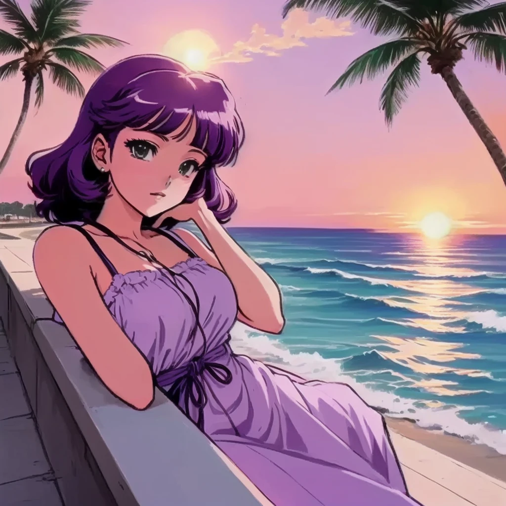 anime cute girl sun bathing with long dress, purple car with palm trees and ocean with beautiful sunset in background , lofi girl, art deco outrun anime aesthestic, lofi artstyle, lofi girl aesthetic, lofi aesthetic, 8 0s anime vibe, lofi art, anime vibes, anime aesthetic, lofi vibes, lofi feel, in the art style of 8 0 s anime