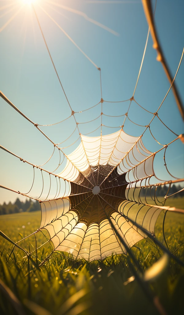 A close-up of a dew-covered spider web in a meadow, with sunlight creating a bokeh effect in the background.