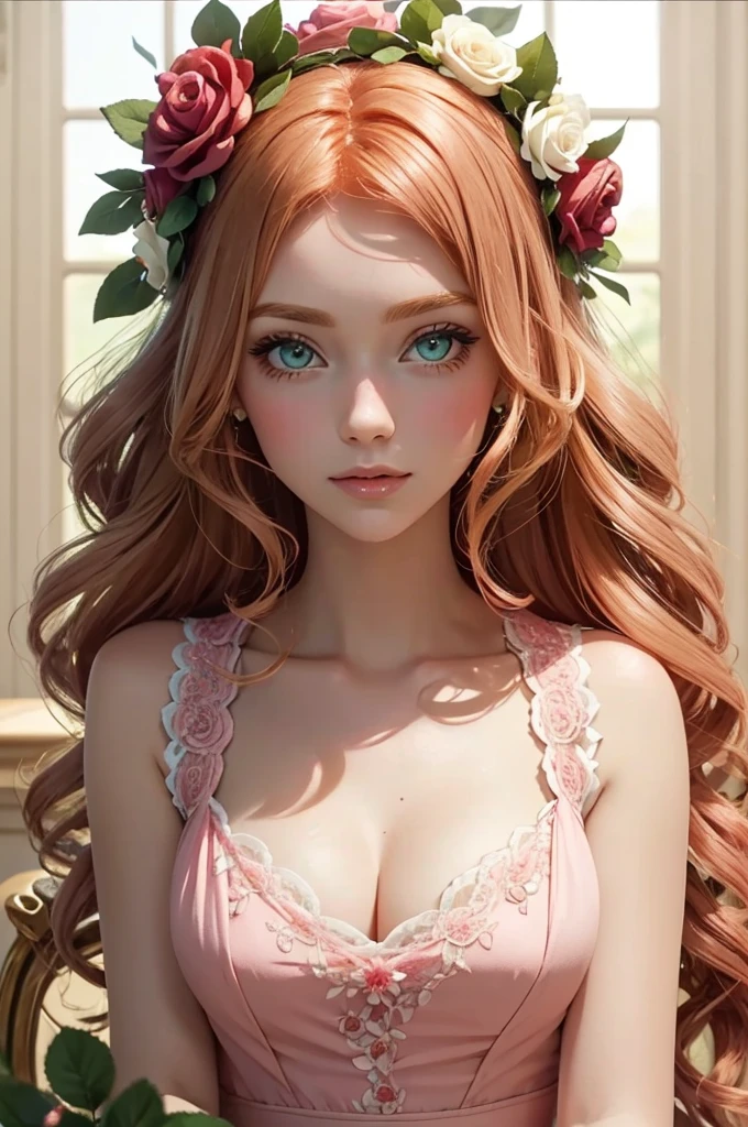 beautiful, adult, strawberry blonde, side part hairstyle, dark green eyes, flower crown, pink roses, dress, fantasy