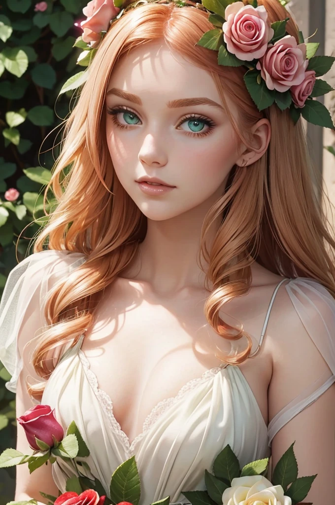 beautiful, adult, strawberry blonde, side part hairstyle, dark green eyes, flower crown, pink roses, dress, fantasy