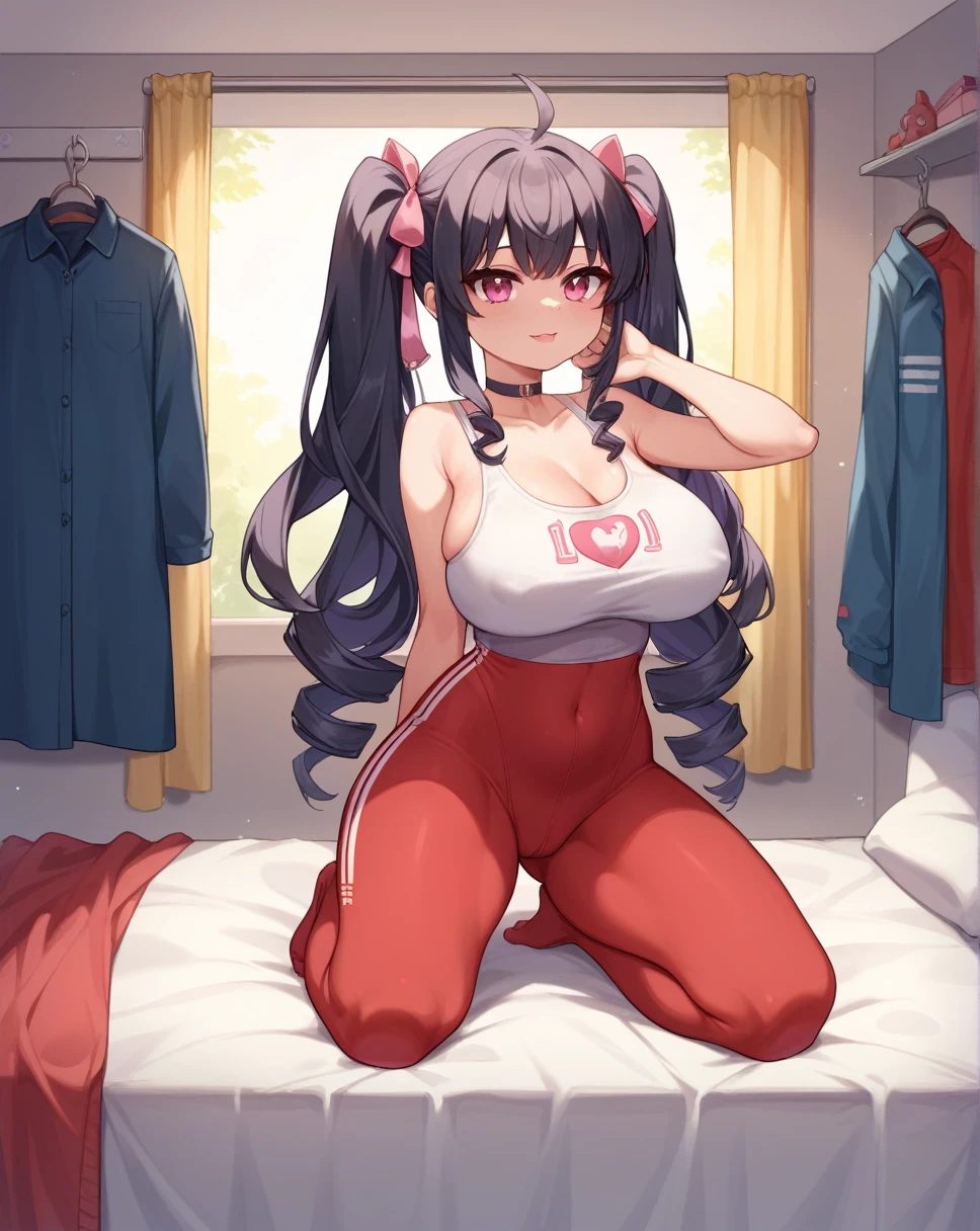 deaver, by deaver, black hair, female, twin drills, solo, smol, pink eyes, massive breasts, oppai , very long hair, wear open cut tight tank top and red leggings, masterpiece, ultra high quality, masterpiece, best quality, highly detailed background, cinematic lighting, detailed eyes, perfect face,, lazy, teen room, messy, bedroom, bed sheet, closet,