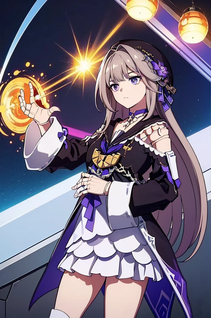 aaherta, long hair, grey hair, hair flower, beret, black headwear, joints, choker, key, sailor collar, shoulder cutout, white dress, detached sleeves, herta, star rail herta, madam herta, star rail, arms up, absolute cinema meme, arms, front, front body