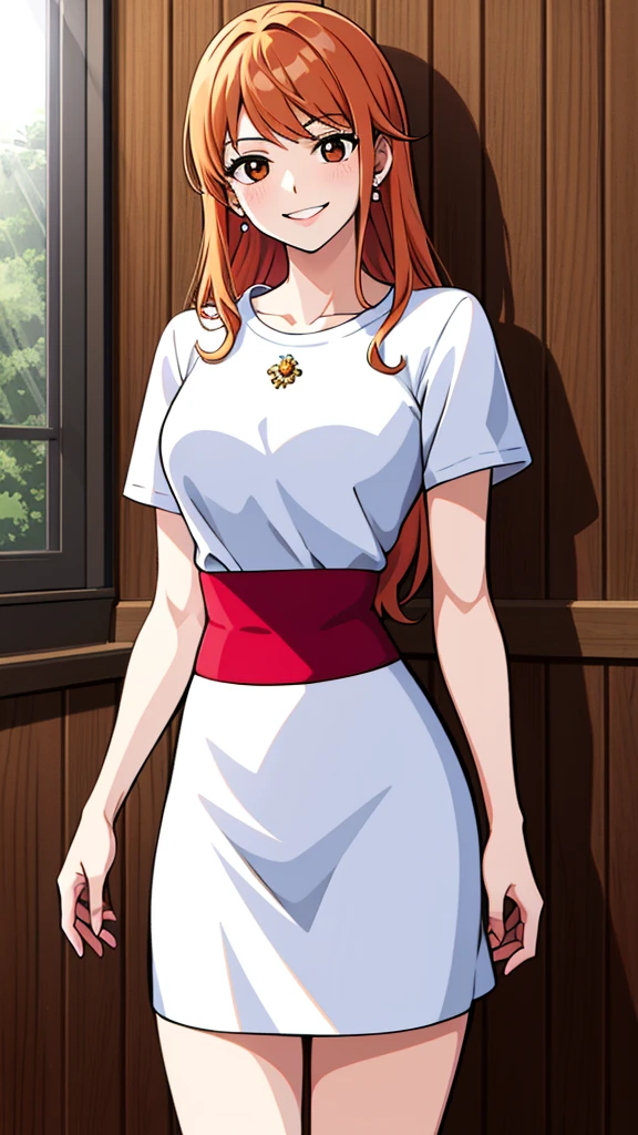 masterpiece, ((ultra detailed background, delicate pattern, intricate detail)), (highly detailed, fine details), best quality, beautiful lighting, ((medium breasts, slim girl)), NamiFinal, ((white shirt, red skirt)), simple shirt, 1girl, orange hair, solo, long hair, jewelry, brown eyes, smile, earrings, covered shoulders, (complex detailed background, inside, room environment, wooden walls, window, light rays), (cowboy shot),  