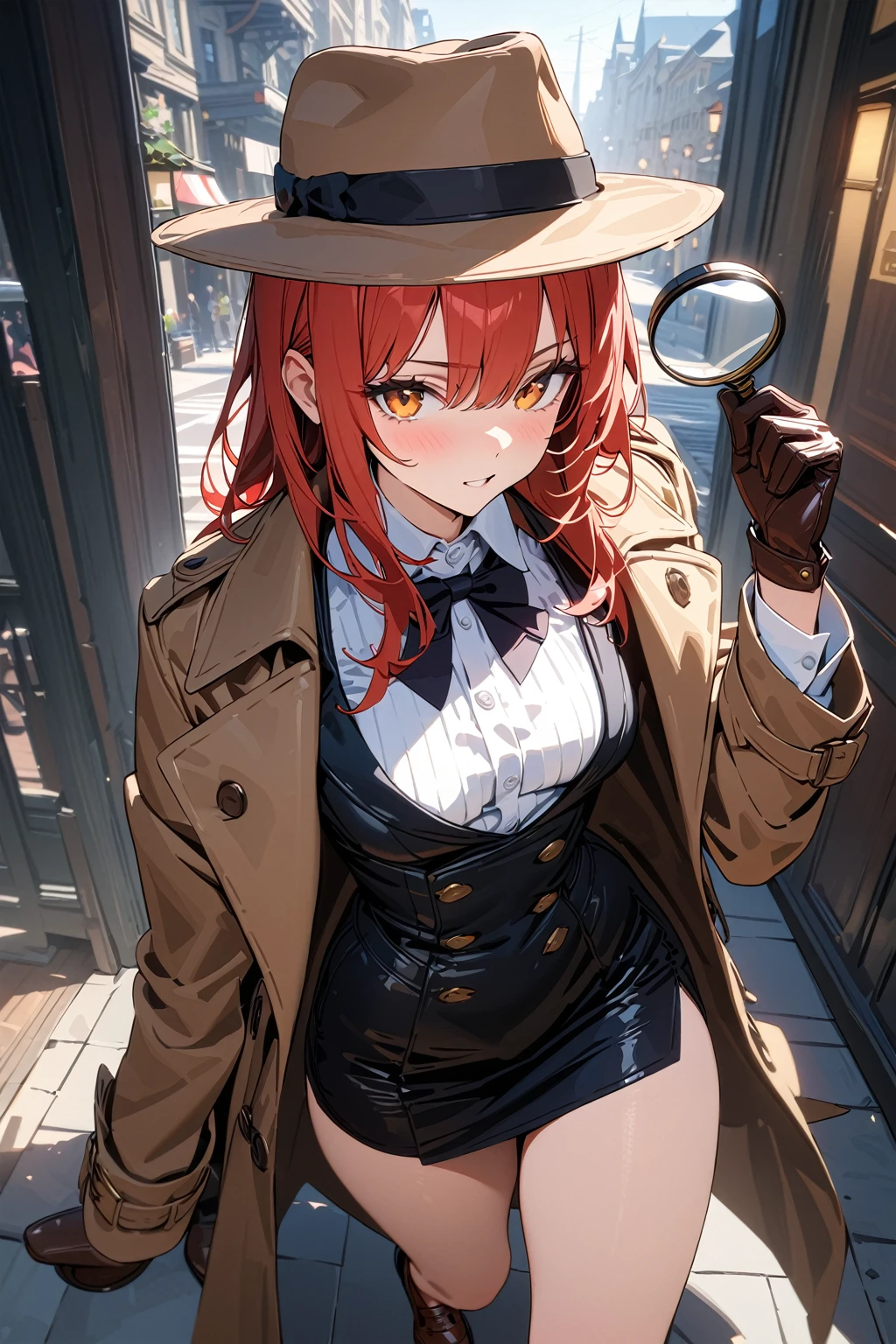 (masterpiece, best quality:1.5), (ultra detailed, high resolution, 8k, beautiful detailed, UHD, best anatomy), red hair, flat breasts, 1 sleuth, Trench coat, Fedora hat, business suit, Leather gloves, Leather shoes, Magnifying glass, detective industry