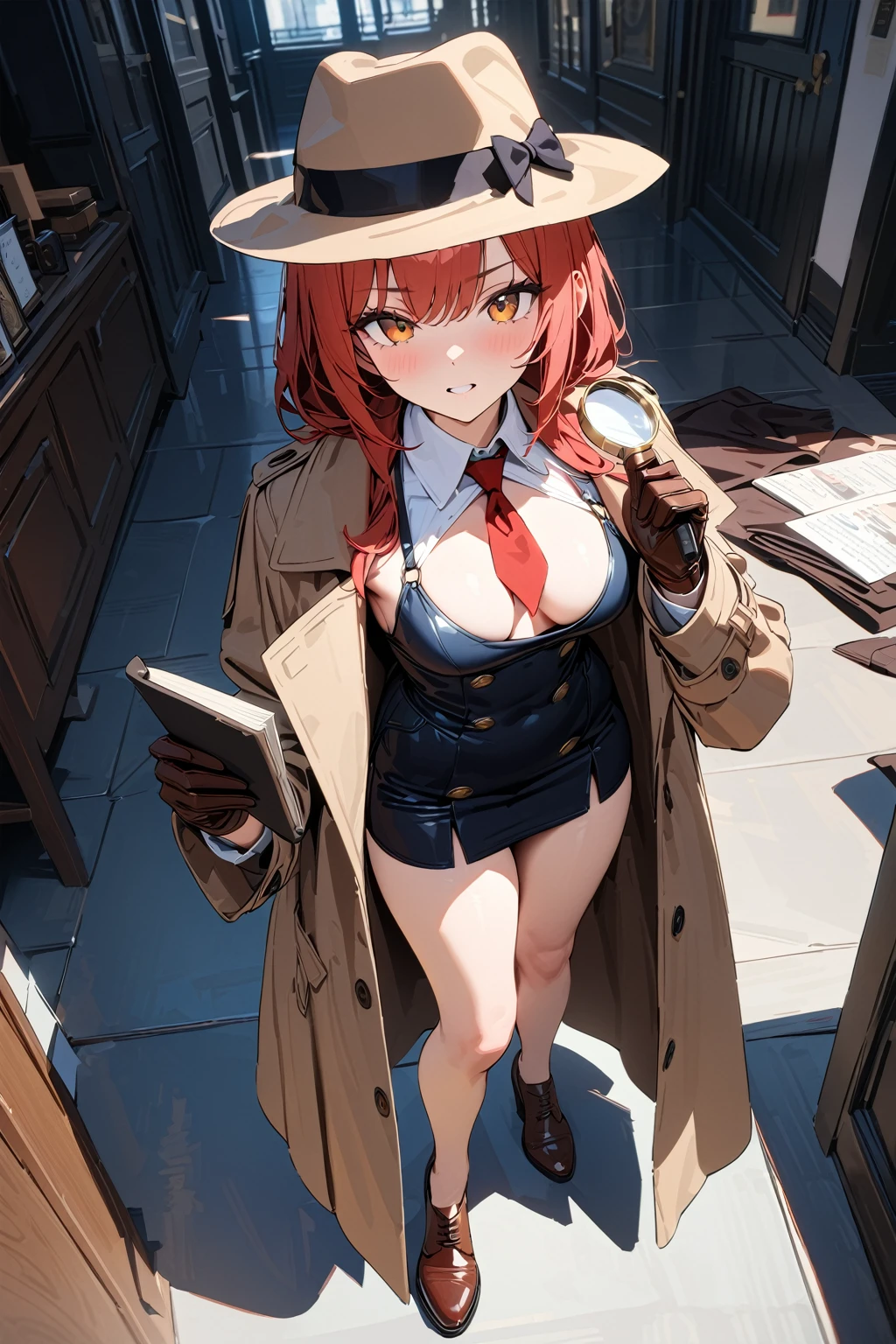 (masterpiece, best quality:1.5), (ultra detailed, high resolution, 8k, beautiful detailed, UHD, best anatomy), red hair, flat breasts, 1 sleuth, Trench coat, Fedora hat, business suit, Leather gloves, Leather shoes, Magnifying glass, detective industry