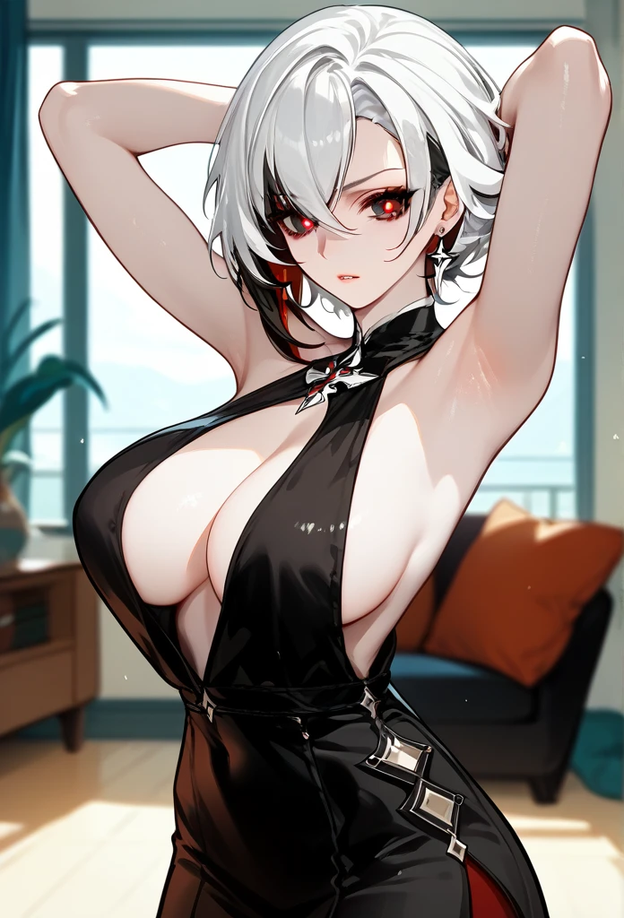 arlecchino, genshin impact, mature woman, mature face, hot face, emotionless face, (red pupils), sharp eyes, (cool beauty), white hair, mature body, dominant, living room, raising arms, hands behind head, armpits exposed