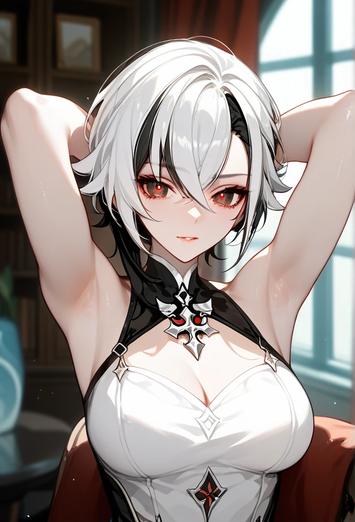 arlecchino, genshin impact, mature woman, mature face, hot face, emotionless face, (red pupils), sharp eyes, (cool beauty), white hair, mature body, dominant, living room, raising arms, hands behind head, armpits exposed