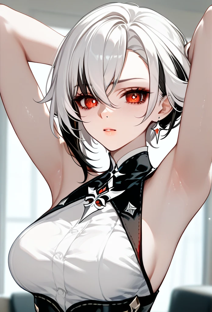 arlecchino, genshin impact, mature woman, mature face, hot face, emotionless face, (red pupils), sharp eyes, (cool beauty), white hair, mature body, dominant, living room, raising arms, hands behind head, armpits exposed