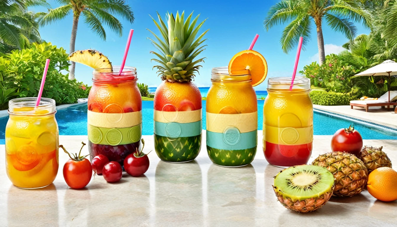 A vibrant and colorful scene featuring three mason jar glasses filled with tropical fruit drinks, each adorned with slices of pineapple and cherries. The jars have striped yellow straws. Surrounding the drinks are an assortment of fresh fruits, including pineapples, oranges, strawberries, grapes, and a tomato. The background showcases a luxurious poolside setting with clear blue water, palm trees, and a bright sunny sky, evoking a sense of a tropical paradise
