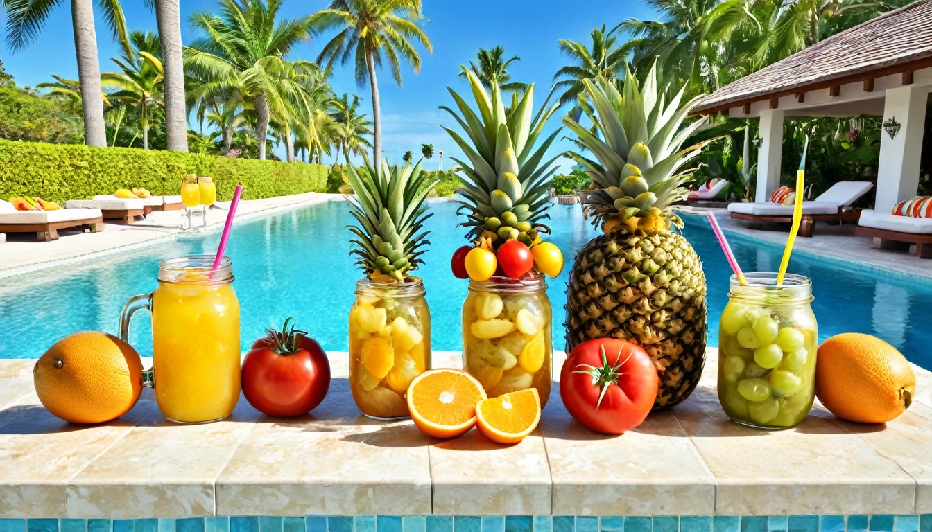 A vibrant and colorful scene featuring three mason jar glasses filled with tropical fruit drinks, each adorned with slices of pineapple and cherries. The jars have striped yellow straws. Surrounding the drinks are an assortment of fresh fruits, including pineapples, oranges, strawberries, grapes, and a tomato. The background showcases a luxurious poolside setting with clear blue water, palm trees, and a bright sunny sky, evoking a sense of a tropical paradise