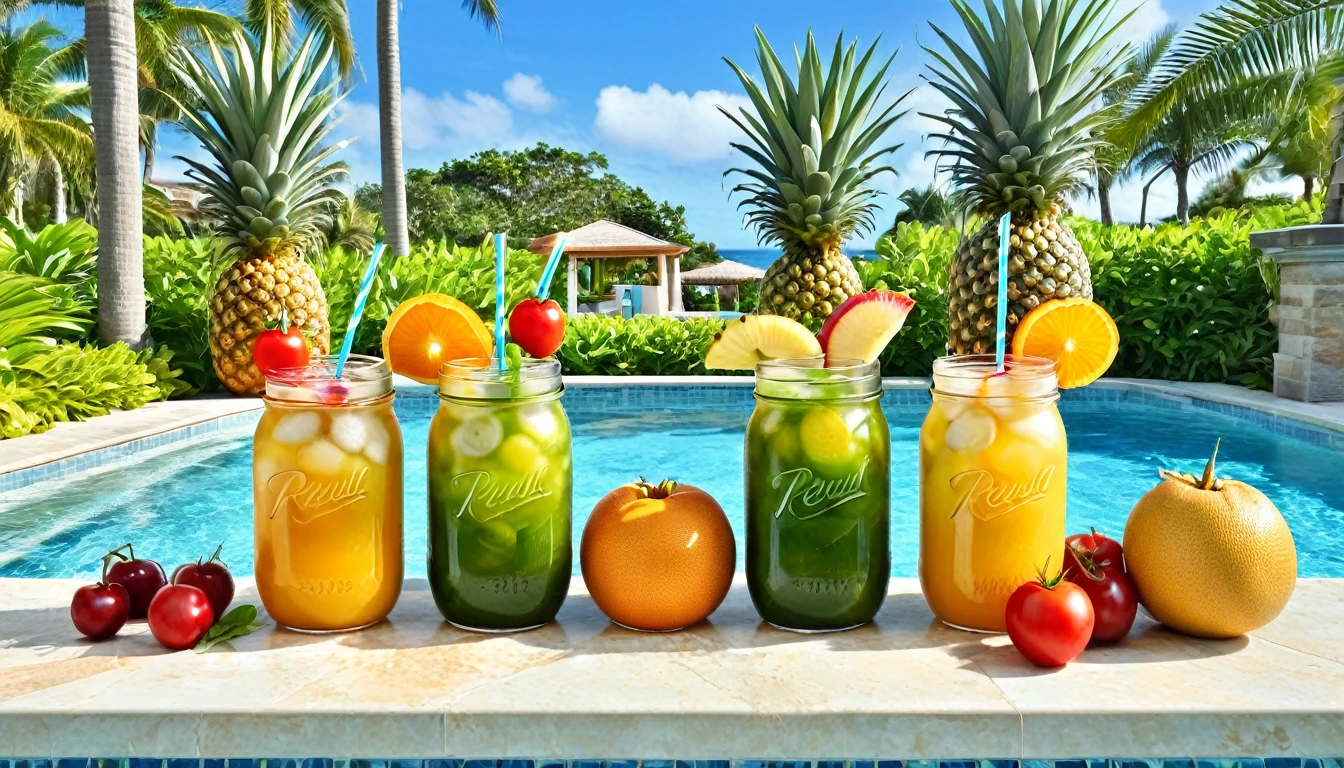 A vibrant and colorful scene featuring three mason jar glasses filled with tropical fruit drinks, each adorned with slices of pineapple and cherries. The jars have striped yellow straws. Surrounding the drinks are an assortment of fresh fruits, including pineapples, oranges, strawberries, grapes, and a tomato. The background showcases a luxurious poolside setting with clear blue water, palm trees, and a bright sunny sky, evoking a sense of a tropical paradise