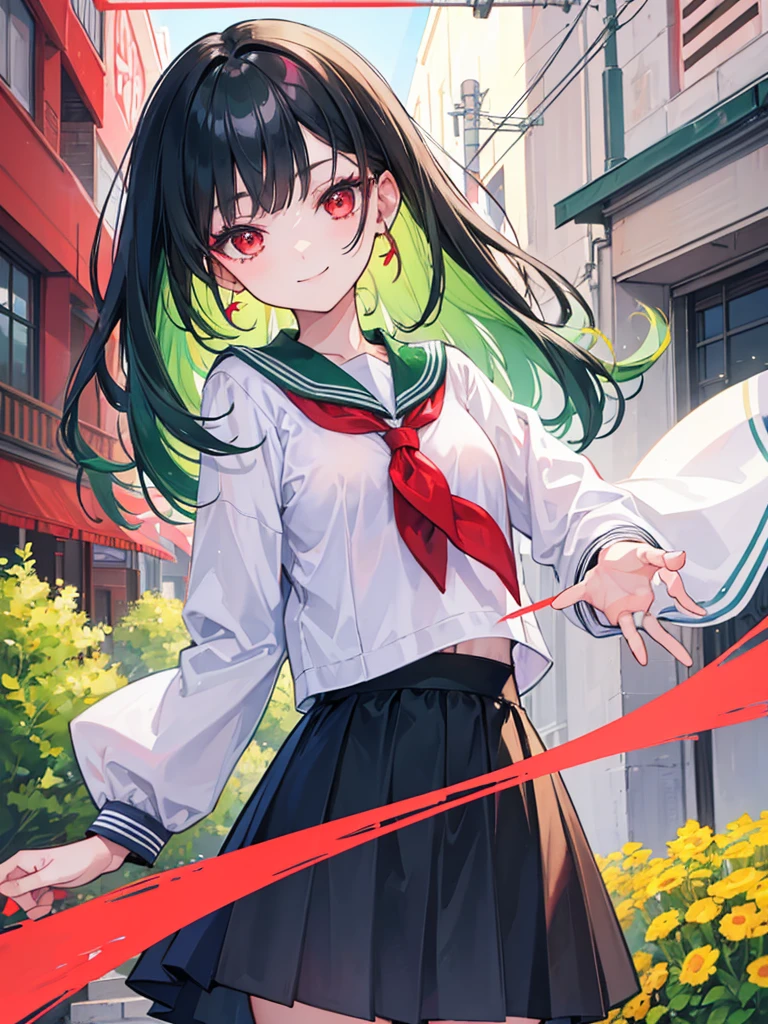 woman, red eyes, long curry wauy half black and green hair. wear sailor uniform school, arrogant, independent woman. background in town. kind smile.