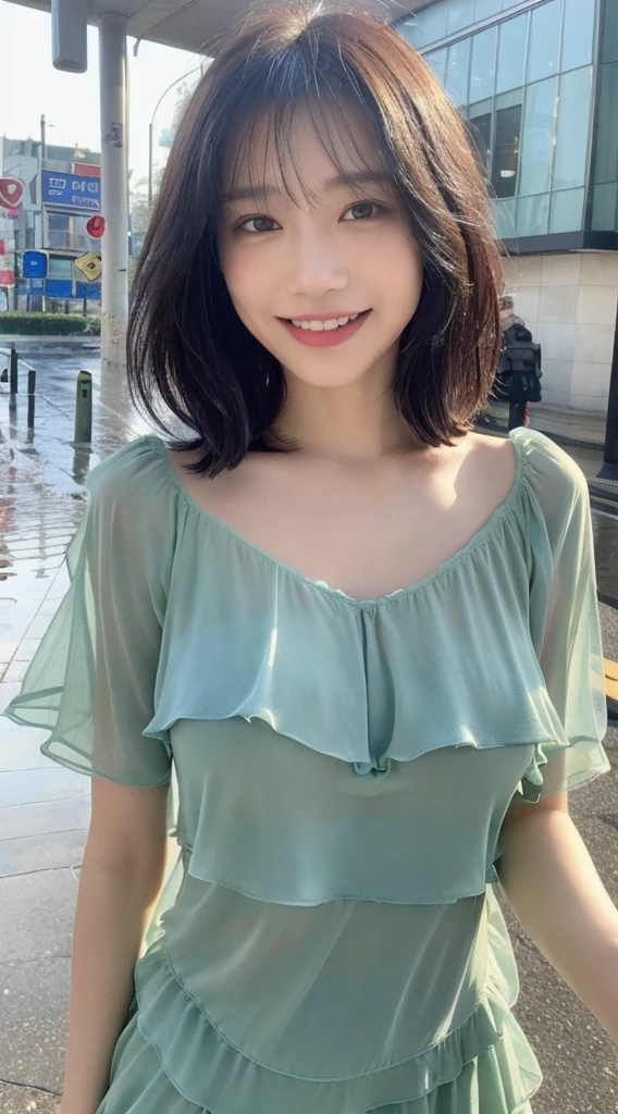 ((Best Quality, 8K, Masterpiece:1.3)), Focus: 1.2, Perfect Body Beauty: 1.4, Buttocks: 1.2, ((Layered Haircut, Breasts: 1.2)), (Wet Clothes: 1.1), (Rain, Street:1.3), Bandeau Dress: 1.1, Highly Detailed Face and Skin Texture, Fine Eyes, Double Eyelids, Whitening Skin, Long Hair, (Shut Up: 1.3), Smile