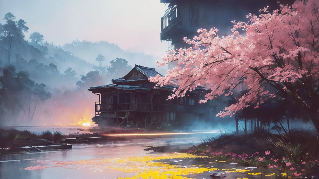 32k, Masterpiece, Highest quality, One girl, Brown Hair, Detailed eyes, flower,Freesia, Pink and navy style,A dreamy, romantic piece,Pale yellow, Mysterious Leaves,A playful arrangement,Fantasy,High Contrast,Ink strokes,explosion,Exposure, Impression of pink and navy tones,Abstract,((Watercolours by John Berkey and Jeremy Mann )) Brush strokes,Negative Space, Tyndall effect,