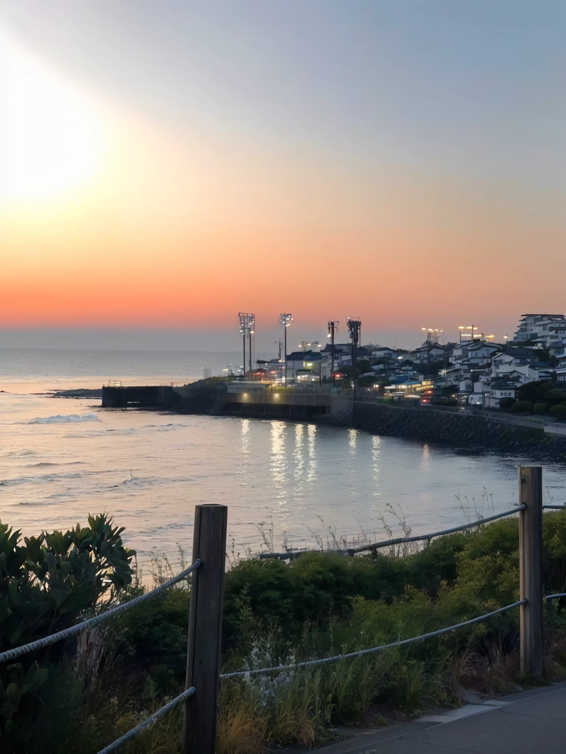 A man rides a bicycle on a path near the water, Japan Shonan Eto, Shot with iPhone 1 3 Pro, sunset kanagawa prefecture, Shot with iPhone 14 Pro, Shot with iPhone 1 0, Shot with iPhone 1 3 Pro max, Shot with iPhone 1 3 Pro, dusk setting, Night settings, Summer environment, Week setting
