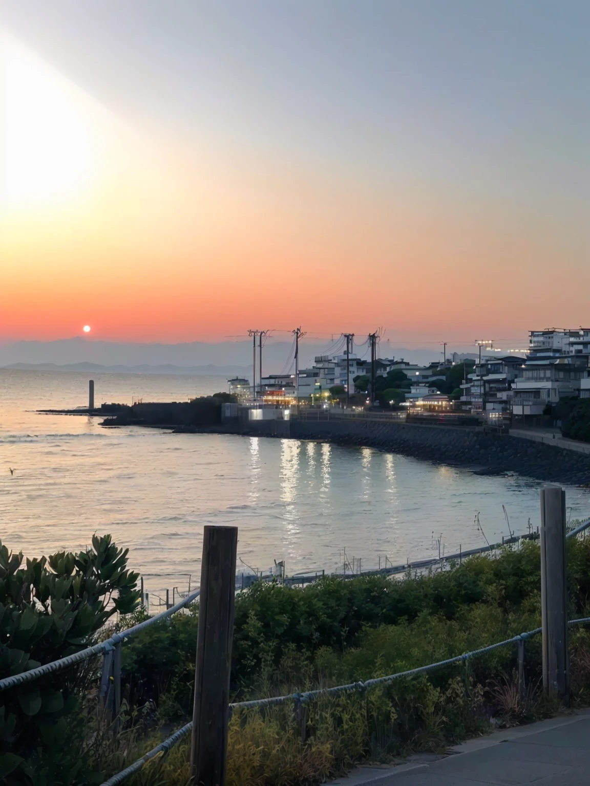 A man rides a bicycle on a path near the water, Japan Shonan Eto, Shot with iPhone 1 3 Pro, sunset kanagawa prefecture, Shot with iPhone 14 Pro, Shot with iPhone 1 0, Shot with iPhone 1 3 Pro max, Shot with iPhone 1 3 Pro, dusk setting, Night settings, Summer environment, Week setting