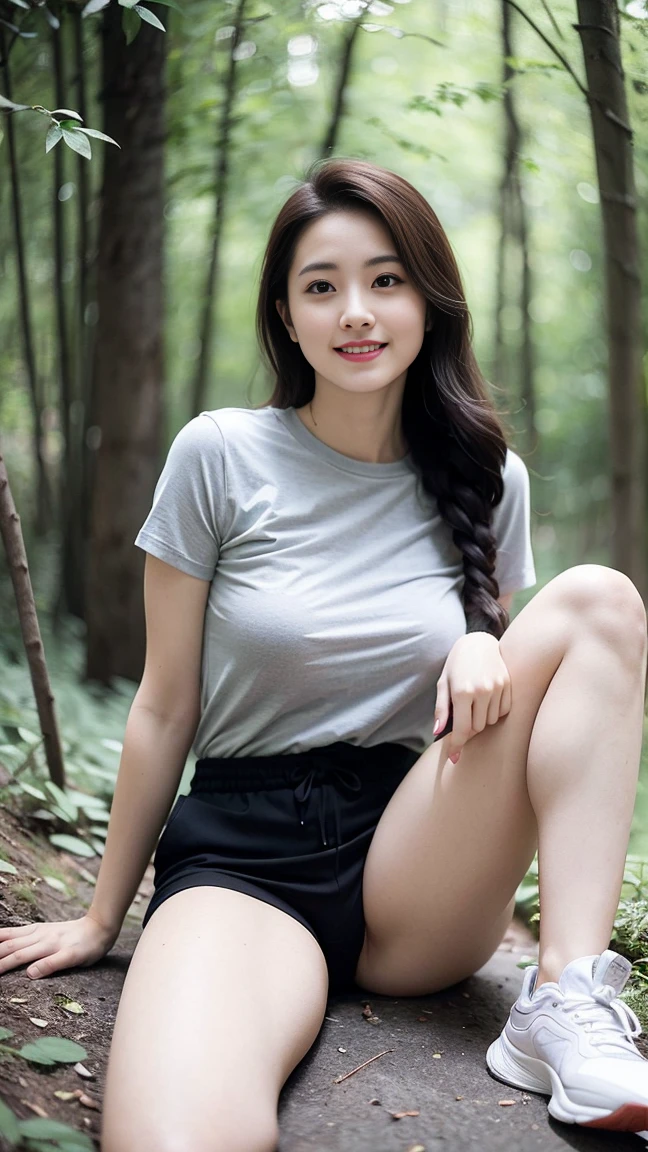 masterpiece, best quality, Surreal, Ultra Detailed, 8k resolution, RAW photos, Clear focus, (A girl in the forest), ((light gray shirt:1.1)),  Short sleeve, sports Shorts,Full body posture, Solitary, Perfect body, Become a, 32 inches in the chest,(a charming smile:1), (sexy pose)，26 years old, light,White shoes