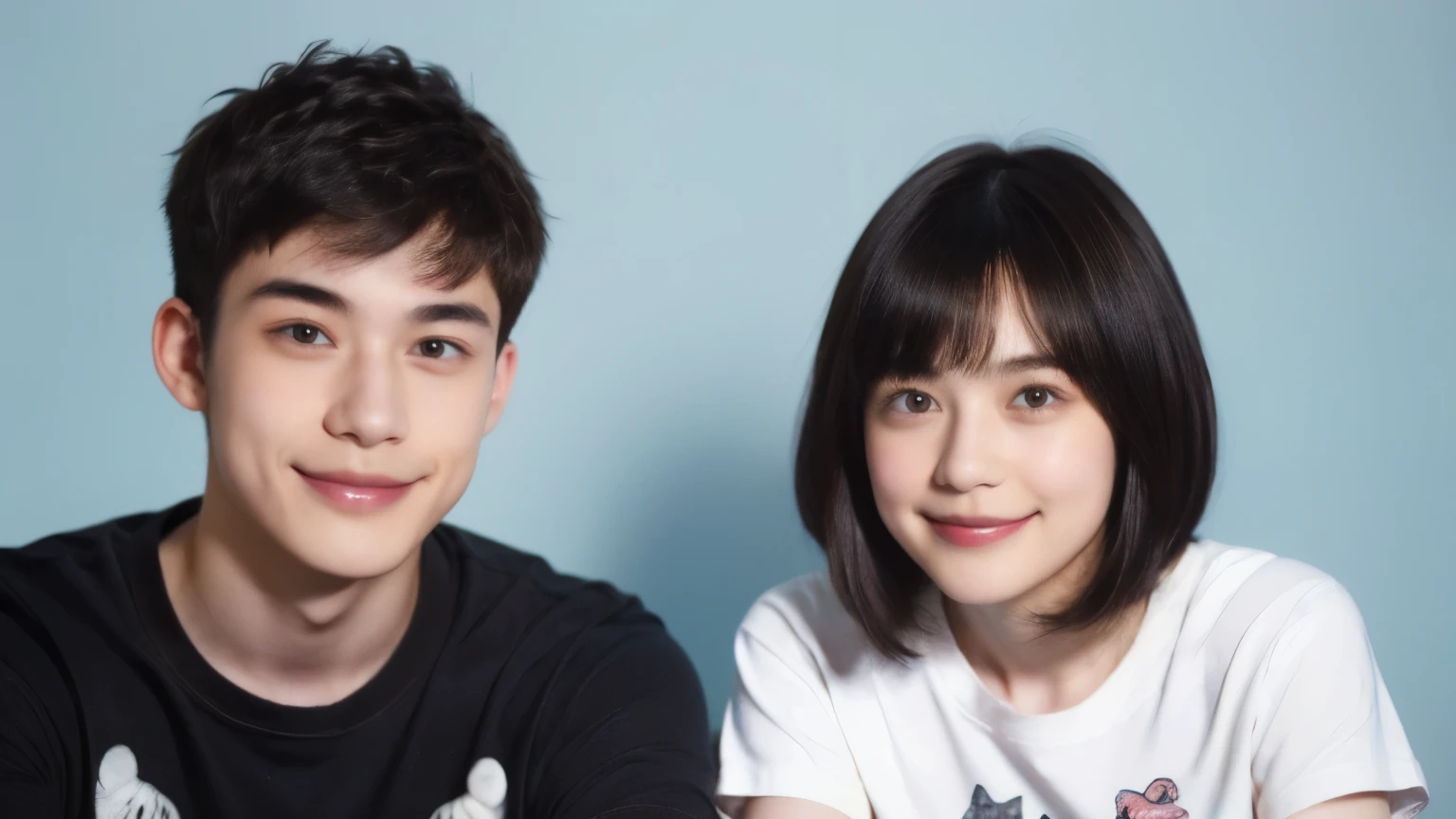 250 (An 18-year-old female and an 18-year-old male), (short hair),kind, lipstick, (jeans), (Animal characterＴshirt), smile