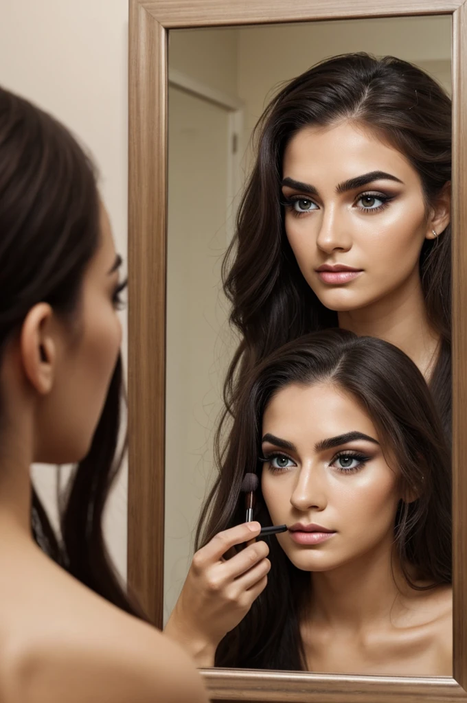 Woman with unkempt eyebrows , ugly looking in a mirror , trying to do their makeup but frustrated for not knowing how to do their makeup