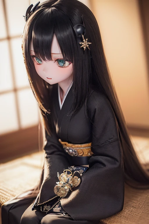 photorealistic, realistic photo, ((highest quality)), ((masterpiece)), (extremely detailed), kukolnydom, doll, (mature woman, 22yo, 22 years old:1.6), solo, ((cowboy shot, sitting on tatami, arms on sides, skinny, slender, slim, parted lips, black kimono, kanzashi, tabi)), green eyes, black hair, long hair, (looking down, blank eyes, empty eyes, detailed eyes, detailed face:1.3), obi, hair ornament, Japanese room, 8k