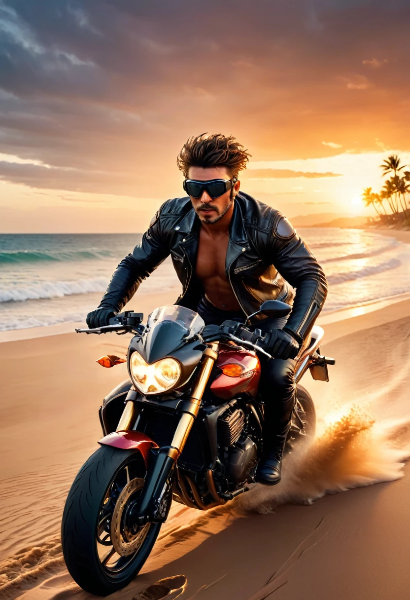 a beautiful sandy beach, a person riding a powerful motorcycle on the beach, dramatic sky with warm sunset colors, realistic lighting, photorealistic, highly detailed, 8k, cinematic composition, dynamic motion blur, ocean waves in the background, palm trees swaying in the wind, detailed texture of the sand, glinting reflections on the motorcycle, muscular male rider wearing leather jacket and goggles, intense expression on his face, adventure, adrenaline, danger, (best quality,4k,8k,highres,masterpiece:1.2),ultra-detailed,(realistic,photorealistic,photo-realistic:1.37),cinematic,dramatic lighting,dynamic motion,powerful motorcycle,muscular male rider,ocean,sunset,adventure