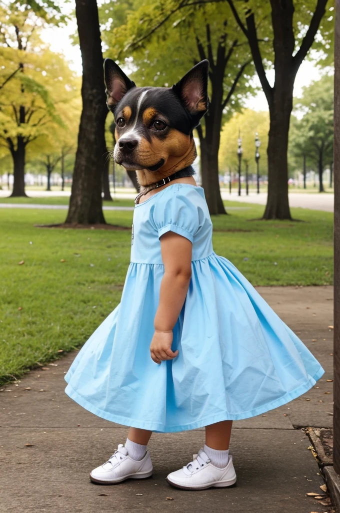 A dog wear a drees in the park