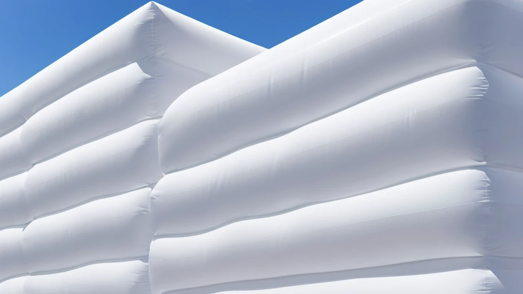 A wall composed of inflatable blocks,Realistic of a inflatable installation in the shape, white inflatable plastic film material, wrapped in a white polyester sheet. close-up,Front view,minimalist, most best quality,32K Ultra HD, super detail, best quality, highres, high details,Top view