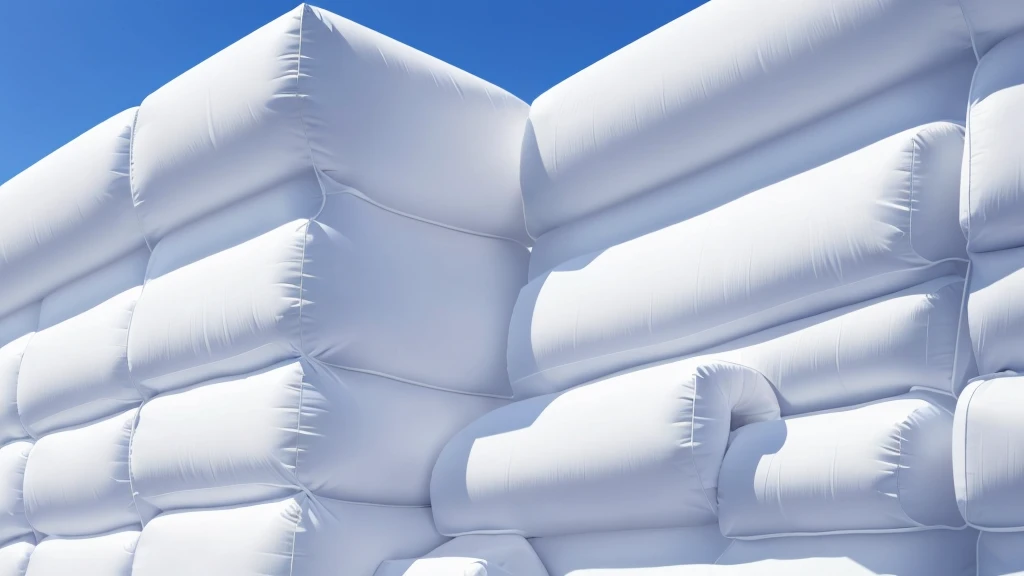 A wall composed of inflatable blocks,Realistic of a inflatable installation in the shape, white inflatable plastic film material, wrapped in a white polyester sheet. close-up,Front view,minimalist, most best quality,32K Ultra HD, super detail, best quality, highres, high details,Top view