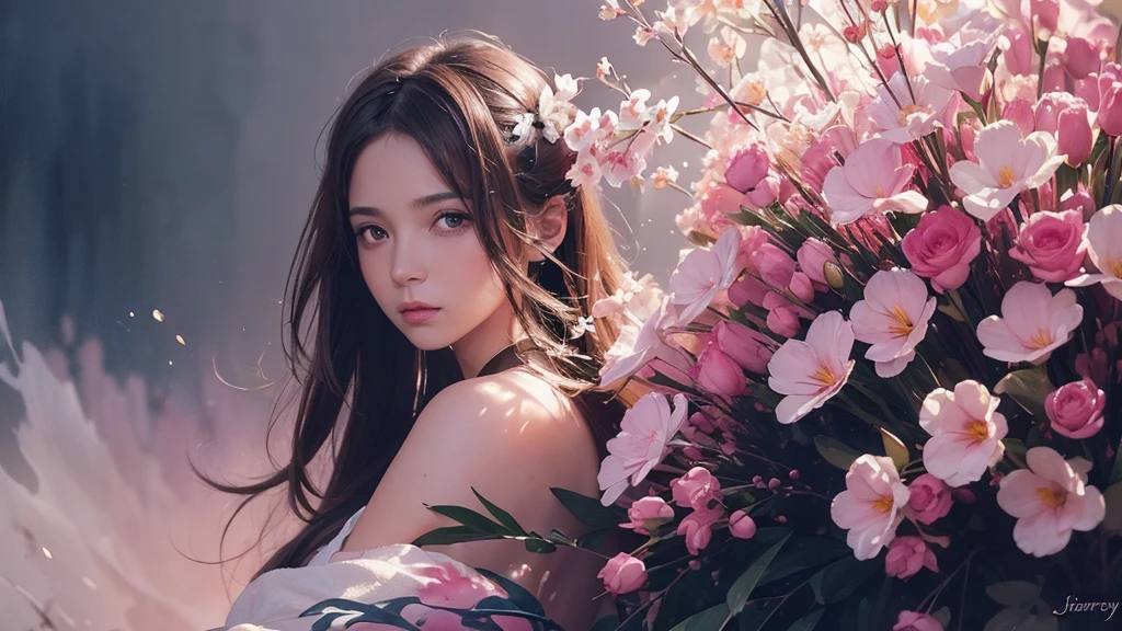 32k, Masterpiece, Highest quality, One girl, Brown Hair, Detailed eyes, flower,Freesia, Pink and navy style,A dreamy, romantic piece,Pale yellow, Mysterious Leaves,A playful arrangement,Fantasy,High Contrast,Ink strokes,explosion,Exposure, Impression of pink and navy tones,Abstract,((Watercolours by John Berkey and Jeremy Mann )) Brush strokes,Negative Space, Tyndall effect,