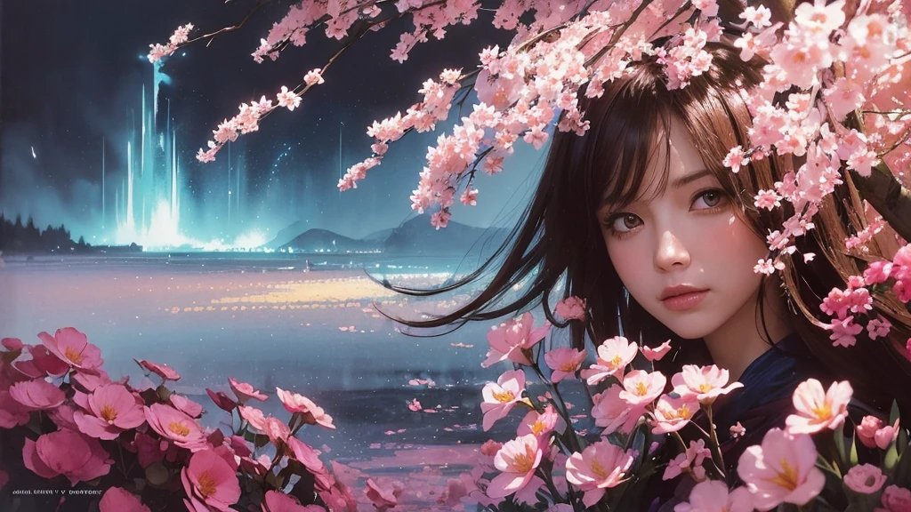 32k, Masterpiece, Highest quality, One girl, Brown Hair, Detailed eyes, flower,Freesia, Pink and navy style,A dreamy, romantic piece,Pale yellow, Mysterious Leaves,A playful arrangement,Fantasy,High Contrast,Ink strokes,explosion,Exposure, Impression of pink and navy tones,Abstract,((Watercolours by John Berkey and Jeremy Mann )) Brush strokes,Negative Space, Tyndall effect,