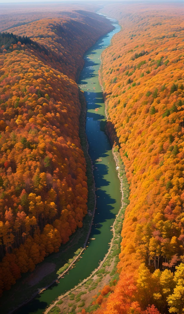 An aerial view of a winding river cutting through a dense, autumn-colored forest.