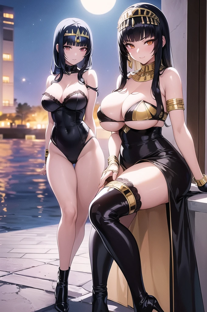 ((Anime illustration)),At the resort pool on a moonlit night,Beautiful night view,((Black-haired Cleopatra)),Beautiful black bikini,((Gorgeous big breasts shining)),Lace Top Stockings,Knee-high boots,Long satin gloves,(Laughing with your fingers),Crossing your legs,Condescending look,Provocative pose,Sexy Body NSFW, bra lift