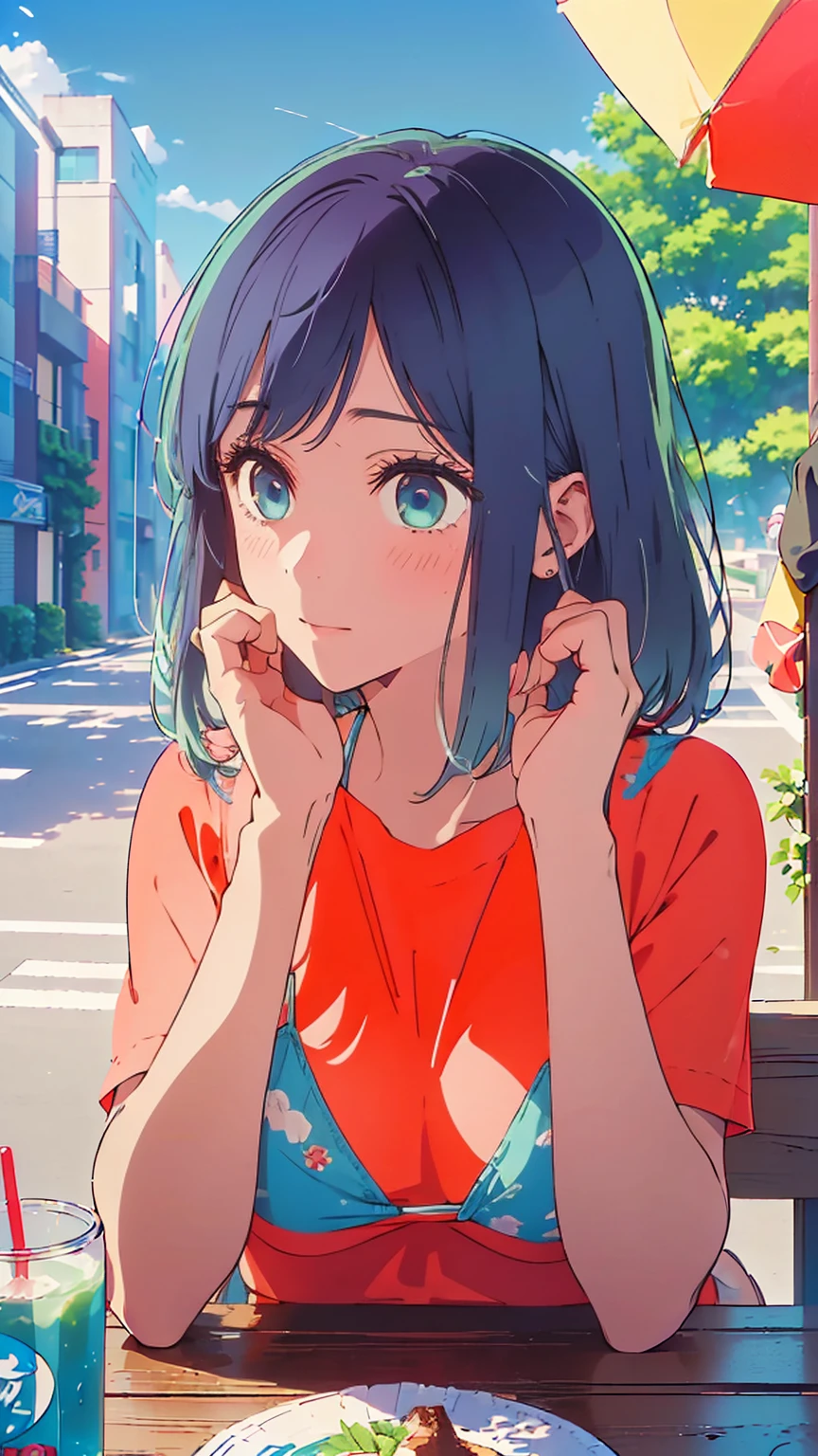 (Highest quality:1.4、masterpiece:1.4、Super detailed:1.4、8K:1.4)、F cup bust、Big Breasts、Slim body、((((1 person、Surprised expression、sit、Chair、In the background are the urban buildings of Tokyo、looking at the camera、Outdoor café terrace、coastal、Navy hair color、juice、Shooting up close、table、Very cute face))))、(Pose of putting hair behind ears with hands:1.4、Cheek resting on hand:1.4)、(((nude、Areola、bikini)))、Very blue sky、A completely cloudless sky、Big eyes、((((Shallow depth of field))))、Pink Lips