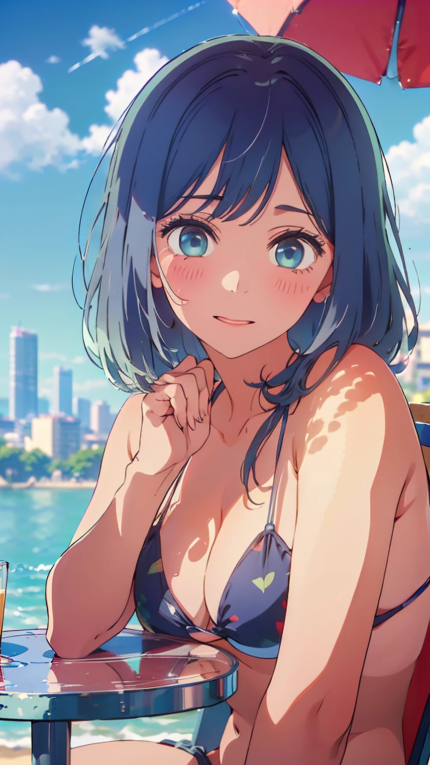 (Highest quality:1.4、masterpiece:1.4、Super detailed:1.4、8K:1.4)、F cup bust、Big Breasts、Slim body、((((1 person、Surprised expression、sit、Chair、In the background are the urban buildings of Tokyo、looking at the camera、Outdoor café terrace、coastal、Navy hair color、juice、Shooting up close、table、Very cute face))))、(Pose of putting hair behind ears with hands:1.4、Cheek resting on hand:1.4）、(((nude、Areola、bikini)))、Very blue sky、A completely cloudless sky、Big eyes、((((Shallow depth of field))))、Pink Lips