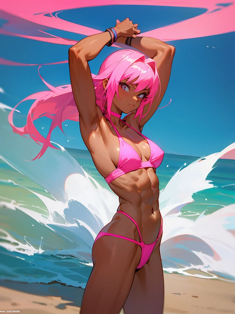 18 year old anime muscle mommy with neon pink hair and tanned skin in a neon pink thong bikini flexing her muscles with her hands behind her head so they are not seen to pridefully show off her abs on a white sanded beach, highly detailed