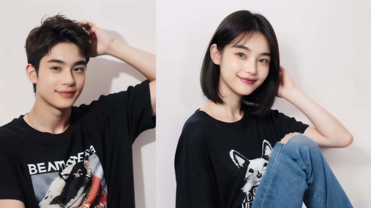 250 (An 18-year-old female and an 18-year-old male), (short hair),kind, lipstick, (jeans), (Animal characterＴshirt), smile