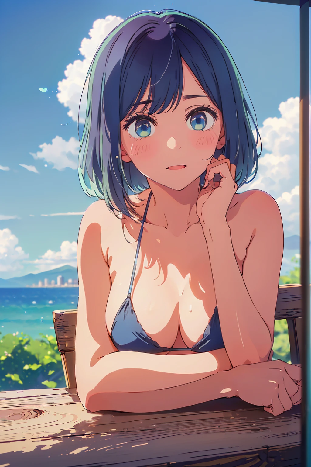 (Highest quality:1.4、masterpiece:1.4、Super detailed:1.4、8K:1.4)、F cup bust、Big Breasts、Slim body、((((1 person、Surprised expression、sit、Chair、In the background are the urban buildings of Tokyo、looking at the camera、Outdoor café terrace、coastal、Navy hair color、juice、Shooting up close、table、Very cute face))))、(Pose of putting hair behind ears with hands:1.4、Cheek resting on hand:1.4)、(((nude、Areola、bikini)))、Very blue sky、A completely cloudless sky、Big eyes、((((Shallow depth of field))))、Pink Lips