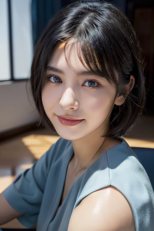 (award winning, 8k, super detailed, high resolution, best quality, photography, perfect anatomy), 1girl, solo, 20 years old girl, beautiful girl, beautiful eyes, detailed eyes, (black eye), Wear a navy blue see-through blouse, short hair, black hair, sitting in lounge, POV, [coy smile], ((upper body portrait)), chill atmosphere