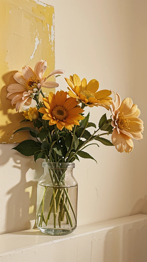 a painting on a wall with yellow orange and pink flowers