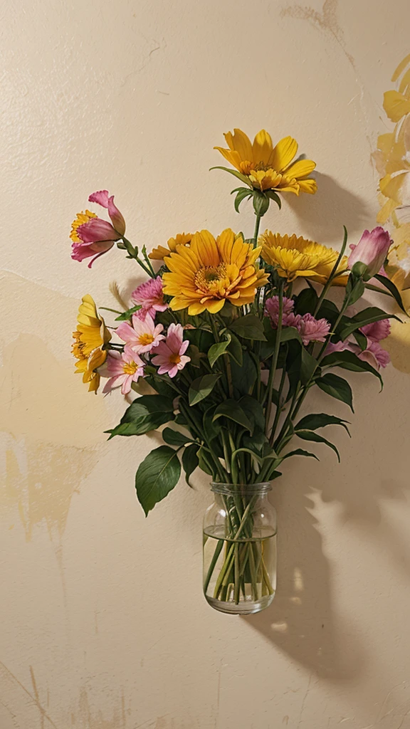 a painting on a wall with yellow orange and pink flowers