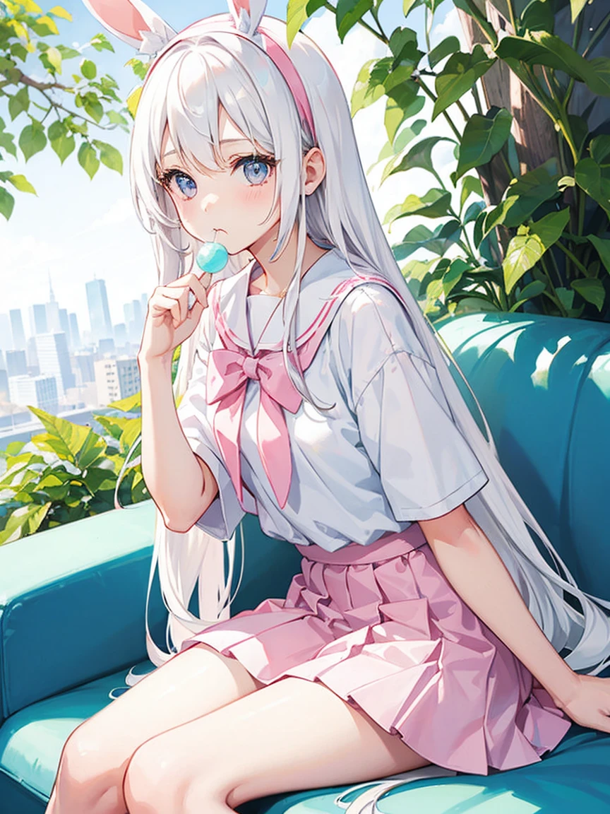 1 girl, pastel color, white straight hair, wearing white pink sailor uniform, wearing pink skirt, long white socks, cool pose, perfect lighting, wearing pink bunny headband, sit pose, perfect angle. Bubblegum on her mouth.