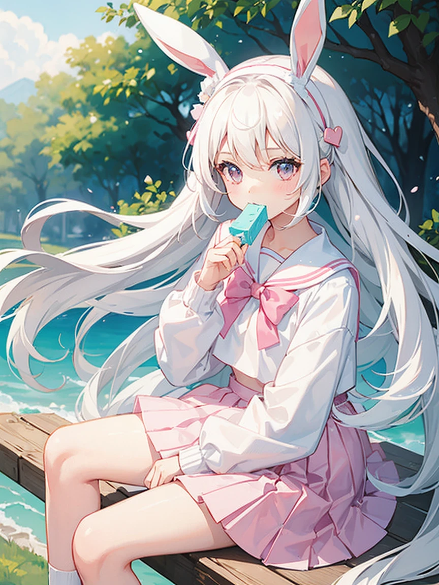 1 girl, pastel color, white straight hair, wearing white pink sailor uniform, wearing pink skirt, long white socks, cool pose, perfect lighting, wearing pink bunny headband, sit pose, perfect angle. Bubblegum on her mouth.