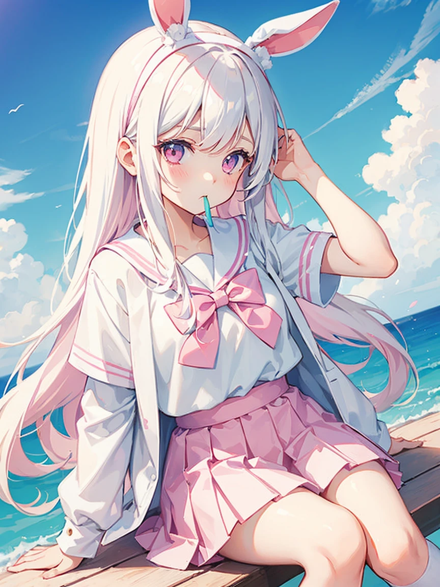 1 girl, pastel color, white straight hair, wearing white pink sailor uniform, wearing pink skirt, long white socks, cool pose, perfect lighting, wearing pink bunny headband, sit pose, perfect angle. Bubblegum on her mouth.
