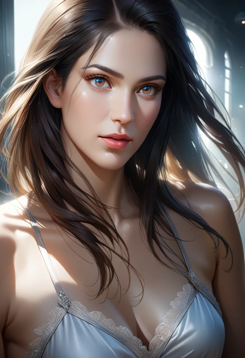 A woman with a dreamy expression, skin glistening with oil, wearing a simple, white dress, hair flowing in the wind, soft, ethereal lighting, beautiful detailed eyes, beautiful detailed lips, extremely detailed eyes and face, long eyelashes, (best quality, 4k, 8k, highres, masterpiece:1.2), ultra-detailed, (realistic, photorealistic, photo-realistic:1.37), soft lighting, professional, sharp focus