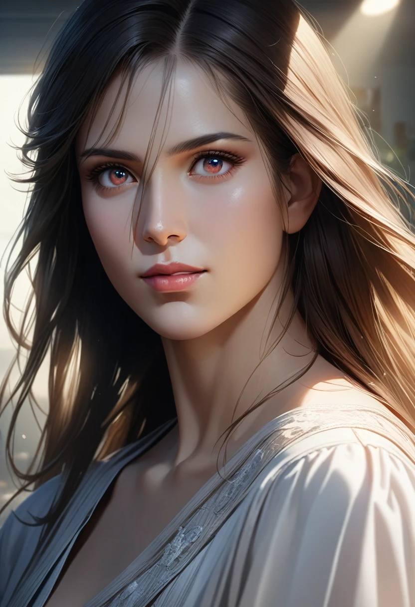 A woman with a dreamy expression, skin glistening with oil, wearing a simple, white dress, hair flowing in the wind, soft, ethereal lighting, beautiful detailed eyes, beautiful detailed lips, extremely detailed eyes and face, long eyelashes, (best quality, 4k, 8k, highres, masterpiece:1.2), ultra-detailed, (realistic, photorealistic, photo-realistic:1.37), soft lighting, professional, sharp focus